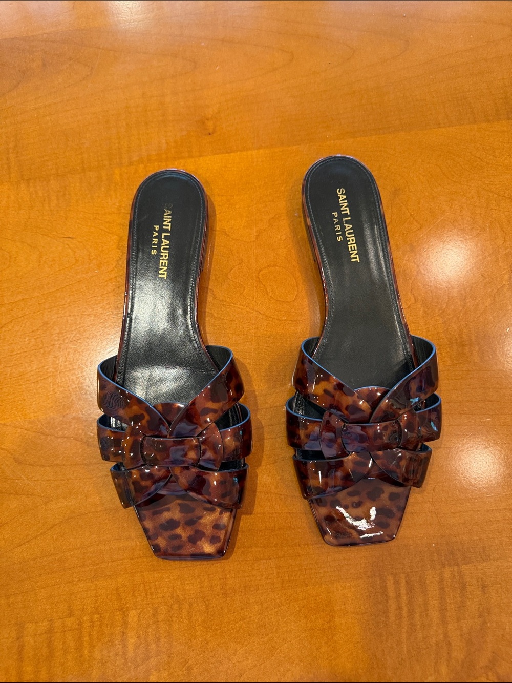 Saint Laurent Patent Tortoiseshell Tribute Sandals - Brown/Black